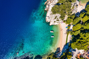 Amazing aerial view of the beautiful Podrace beach in Brela, Makarska Riviera, Croatia. Aerial view...