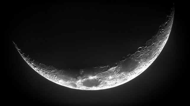The crescent moon is illuminated by the glow of sunlight, casts shadows on its relief. Black background. Generative AI - Powered by Adobe