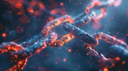 The image shows a glowing blue and orange chain, representing the blockchain, with bright orange embers floating around it.