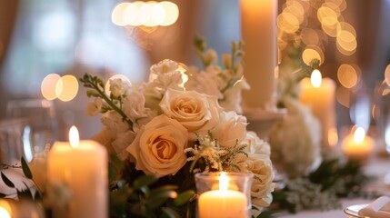 The flickering flames of the candles create a soft ambiance highlighting the delicate details of the elegant floral centerpieces. 2d flat cartoon.