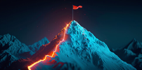 A glowing light path leading to the top of a snowy mountain peak with a flag success and goal achievement or personal development as a road going up a hill to the mountainside on a dark background