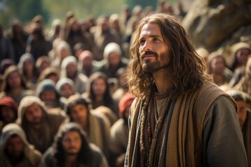 Biblical drama: vivid portrayal of Jesus Sermon on the Mount, capturing the essence of his...