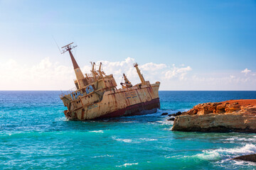 Abandoned Edro III Shipwreck at seashore of Peyia, near Paphos, Cyprus. Historic Edro III Shipwreck...