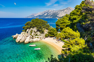 Amazing aerial view of the beautiful Podrace beach in Brela, Makarska Riviera, Croatia. Aerial view...