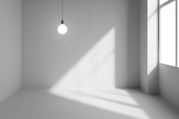 The minimal interior of the room in white with a single hanging light bulb and sunlight coming through the window.