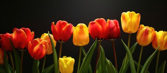Fototapeta premium Red and yellow tulips set against a black backdrop