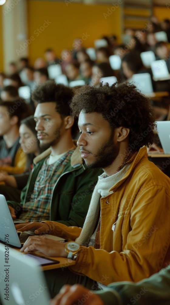 Poster diverse students engaged in digital learning at a modern lecture hall