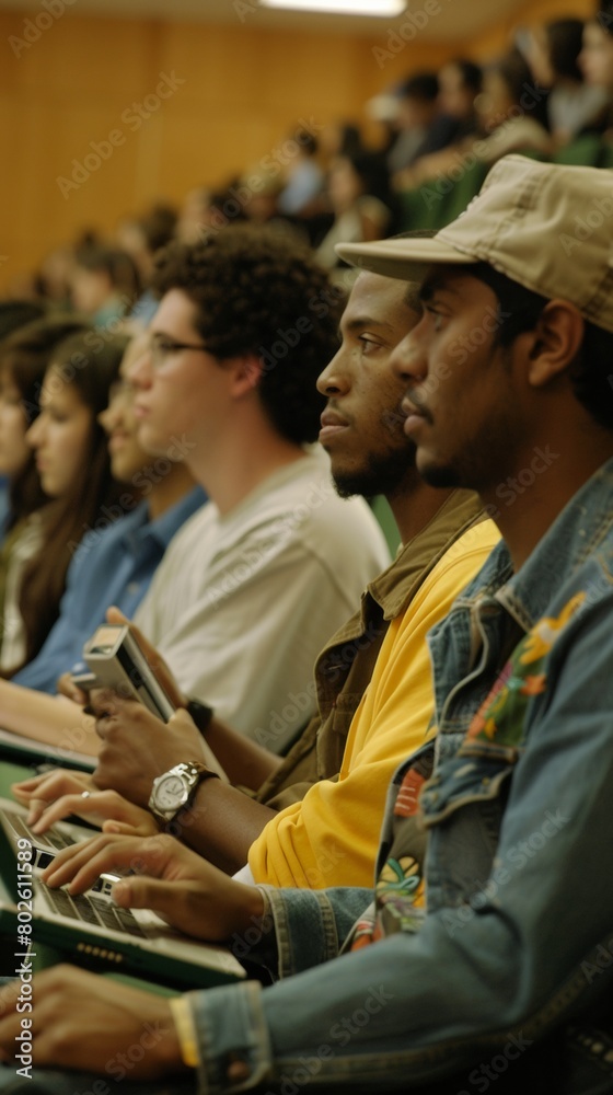 Poster diverse students engaging in interactive college lecture with technology indoors
