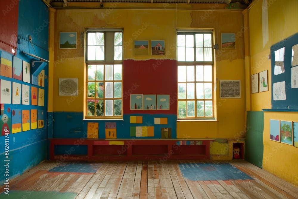 Aufkleber vibrant elementary classroom ready for back to school with colorful student artwork display