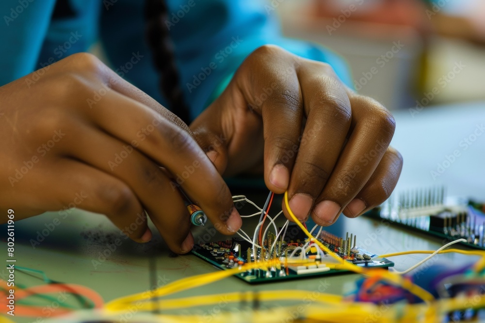 Poster Hands-On Learning: Young Student Engages in Electronic Circuit Assembly in Tech Class