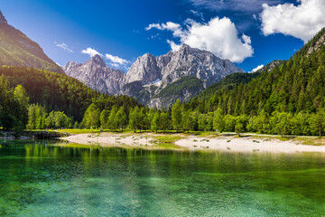 Great nature scenery in Slovenian Alps. Incredible summer landscape on Jasna lake. Triglav national...