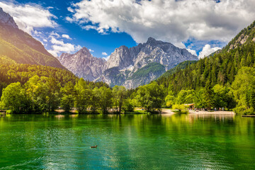Great nature scenery in Slovenian Alps. Incredible summer landscape on Jasna lake. Triglav national...