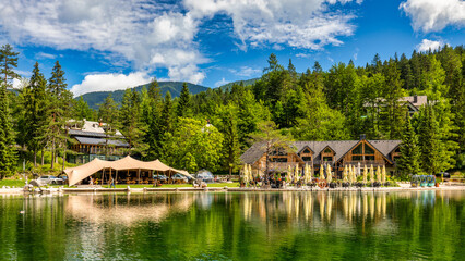 Jasna lake with beautiful mountains. Nature scenery in Triglav national park. Location: Triglav...