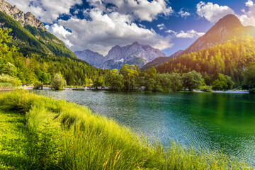 Jasna lake with beautiful mountains. Nature scenery in Triglav national park. Location: Triglav national park. Kranjska Gora, Slovenia, Europe. Mountain lake Jasna in Krajsnka Gora, Slovenia.
