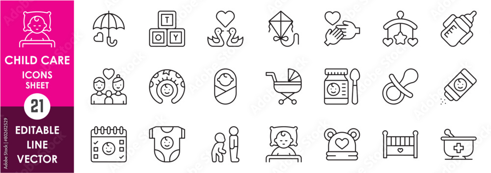 Wall mural set of line icons related to child care, international children day, kid rights. icons set with chil