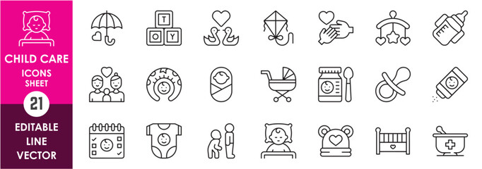 Set of line icons related to child care, international children day, kid rights. Icons set with child toys, child, kids, love, parent and so on. - Powered by Adobe
