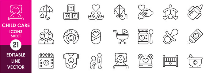Set of line icons related to child care, international children day, kid rights. Icons set with child toys, child, kids, love, parent and so on.