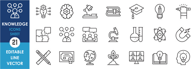 Set of outline icons related to knowledge and education. Linear icon collection with books, graduation, class, physics, chemistry and so on.