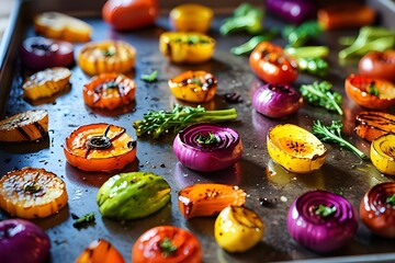 Roasted vegetables on sheet pan oven tray, grilled autumn veggies
