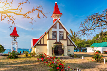 Red church at Cap Malheureux village, Mauritius Island. Notre Dame de Auxiliatrice, rural church...