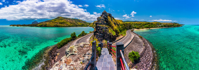 View of Baie du Cap from Maconde Viewpoint, Savanne District, Mauritius, Indian Ocean, Africa. View of the famous Maconde view point, sea and the mountains in the background, in Mauritius, Africa