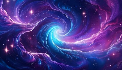 A cosmic-themed abstract background depicting a swirling galaxy in deep purples and blues, interspersed with sparkling stars, creating an expansive and mystical atmosphere. The stars vary in size and 
