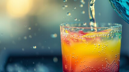 A closeup of a drink being poured showcasing layers of vibrant colors and a delectable mixture of flavors. - obrazy, fototapety, plakaty