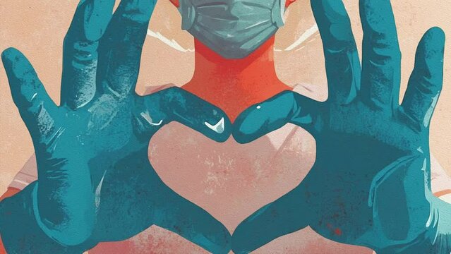 Woman with a medical mask and hands in latex glove shows the symbol of the heart. Doctor for the heart. Love to our pancreas. Love our medical professionals. Minimalist, peach fuzz color palette