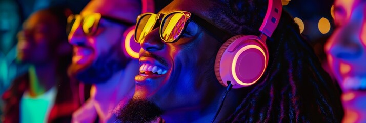 A Vibrant Celebration of Diversity: Smiling Individuals with Hearing Aids Enjoying the Beat at a Colorful Silent Disco