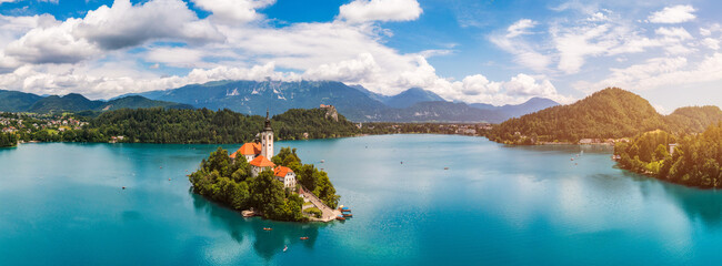 Lake Bled in Slovenia. Beautiful mountains and Bled lake with small Pilgrimage Church. Bled lake...