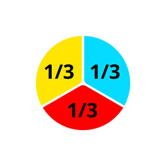 Divided Circle to 3 parts. Fractional numbers in math. Vector image.