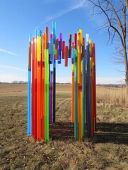 Fototapeta premium Vibrant Inchstones Concept: Colorful Art Installation of Markers and Crayons in a Field Celebrating Educational Milestones