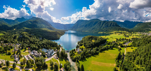 Aerial view of Bohinj lake in Julian Alps. Popular touristic destination in Slovenia. Bohinj Lake,...