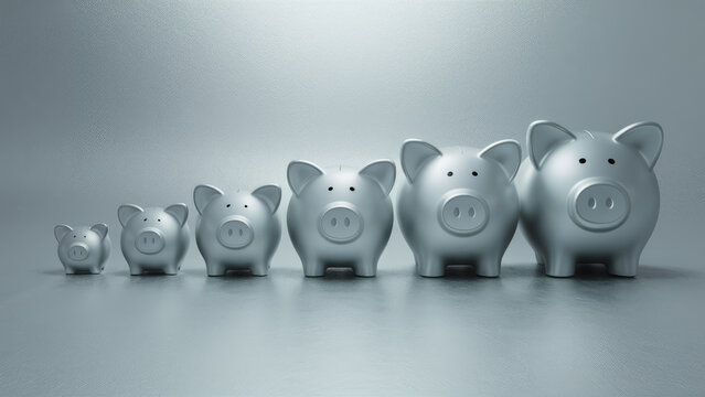 Progressive Savings Concept with Increasing Piggy Banks with Copy-Space