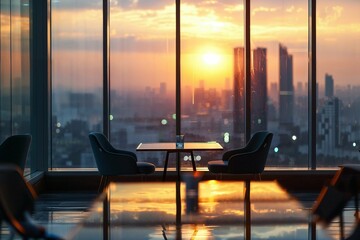 Coffee table and chairs in a modern office building overlooking a city at sunrise through large glass windows