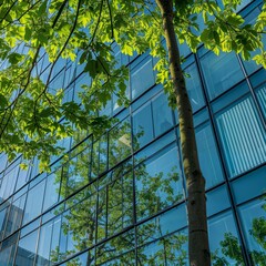 Modern office building with shady trees reflecting against the external glass windows