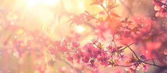 Spring cherry blossoms in pink with a vintage color-tinted abstract nature background under a sunny sky, resembling an Instagram filter.
