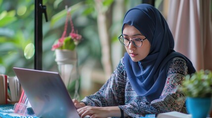 Muslim woman working with color palates in home office. woman dressed in religious veil is designers working on her laptop