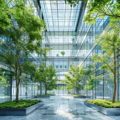 Modern glass office building atrium with lush green trees, abstract architecture, corporate, sustainability