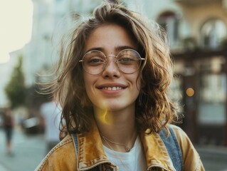 Cheerful young woman smiling confidently in city, glasses, curly hair, portrait, outdoors, bokeh