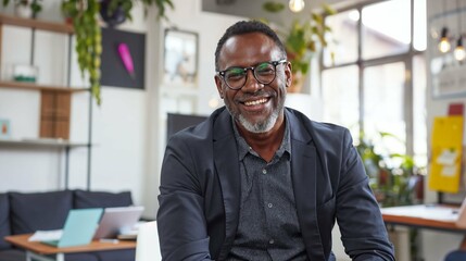 Mature African American businessman smiling in a contemporary office with colourful decor and plants