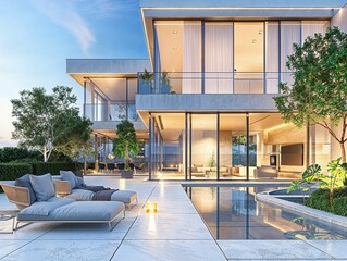 Modern luxury villa with glass walls, swimming pool and outdoor seating area at dusk