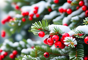 A festive winter scene with a white background, pine tree with red berries, and snowy landscape 