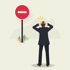 Businessman looking stop sign. Career stop or being fired vector illustration