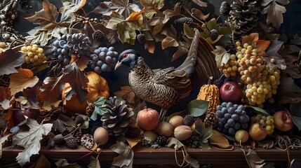 Obraz premium Autumnal Baroque Harvest Ornate Quail Amid Bountiful Fruits and Flora