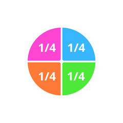 Divided Circle to 4 parts. Fractional numbers in math. Vector image.