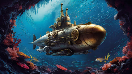 stunning high-definition illustration of Captain Nemo's steampunk submarine, gliding gracefully beneath a magnificent, vibrant sea. - obrazy, fototapety, plakaty