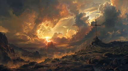 Cross against divine sky, Golgotha's light breakthrough