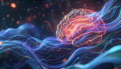 Dynamic portrayal of human thought, visualizing brain activity with vibrant waves of light and color, highlighting intricate neural connections and intellectual depth.