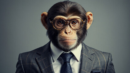 a photo of a chimpanzee in a suit and tie, wearing glasses. 